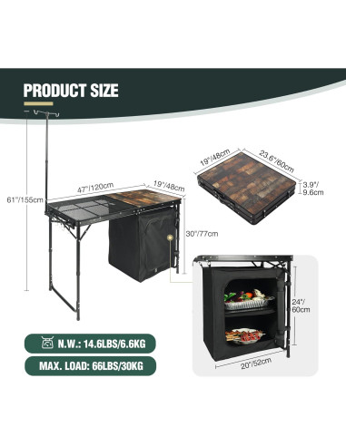 Mesa de Cocina Plegable REDCAMP 1.22m con Almacenamiento Negra