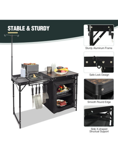 Mesa de Cocina Plegable REDCAMP 1.22m con Almacenamiento Negra