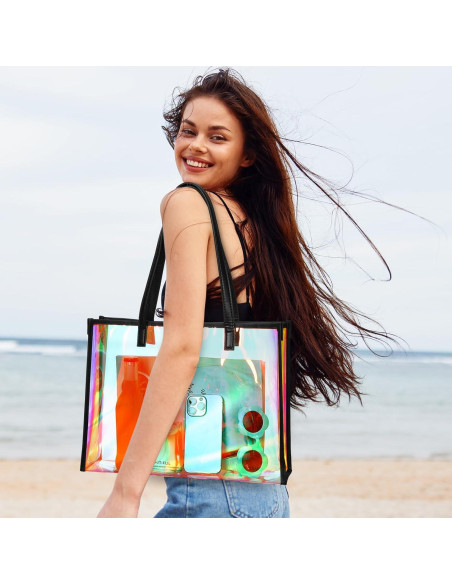 Bolsa Tote Transparente Holográfica Aliceset con Asa de Cuero Bolsa Tote Transparente Holográfica Aliceset con Asa de Cuero