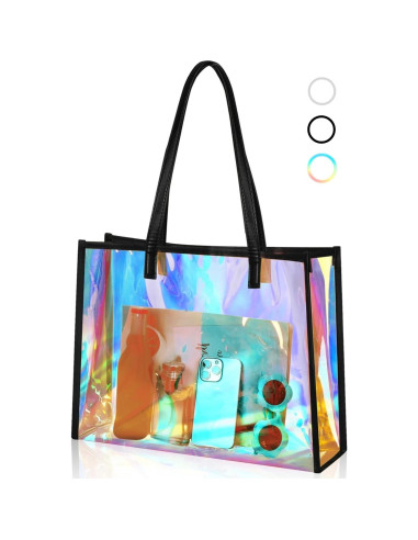 Bolsa Tote Transparente Holográfica Aliceset con Asa de Cuero