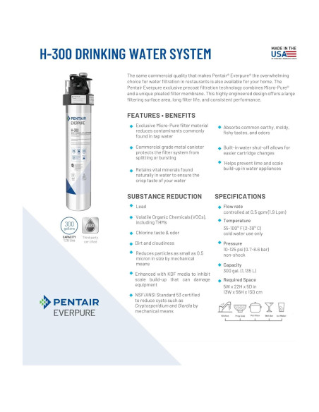 Sistema de Agua Potable Pentair Everpure H-300, Filtra 1135L Sistema de Agua Potable Pentair Everpure H-300, Filtra 1135L