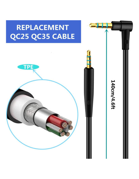 Cable de Reemplazo con Micrófono para Auriculares Bose QC25 QC35 - 140cm Negro Cable de Reemplazo con Micrófono para Auriculares Bose QC25 QC35 - 140cm Negro
