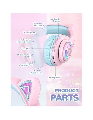 Auriculares para Niños iClever HS14 Gato LED 85dBA Sonido Estéreo