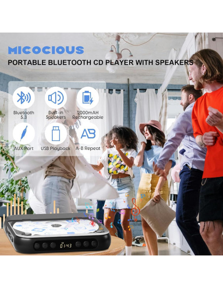 Reproductor de CD portátil MICOCIOUS con Bluetooth y USB - Negro Reproductor de CD portátil MICOCIOUS con Bluetooth y USB - Negro