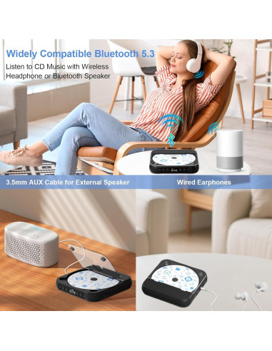 Reproductor de CD portátil MICOCIOUS con Bluetooth y USB - Negro