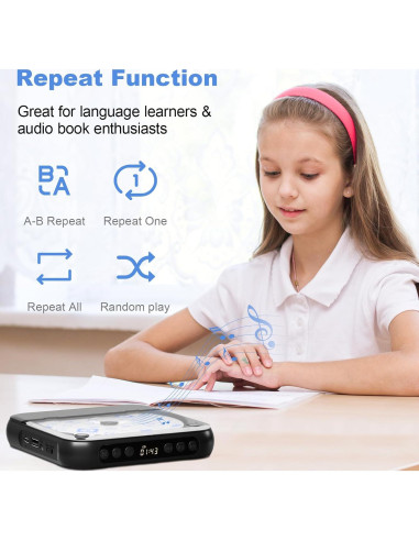 Reproductor de CD portátil MICOCIOUS con Bluetooth y USB - Negro