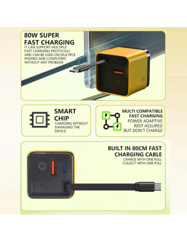 Cargador Retráctil 3 en 1 OOGKA 80W USB-C y 2 Puertos USB Verde