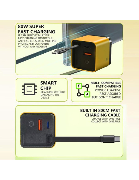 Cargador Retráctil 3 en 1 OOGKA 80W USB-C y 2 Puertos USB Verde Cargador Retráctil 3 en 1 OOGKA 80W USB-C y 2 Puertos USB Verde