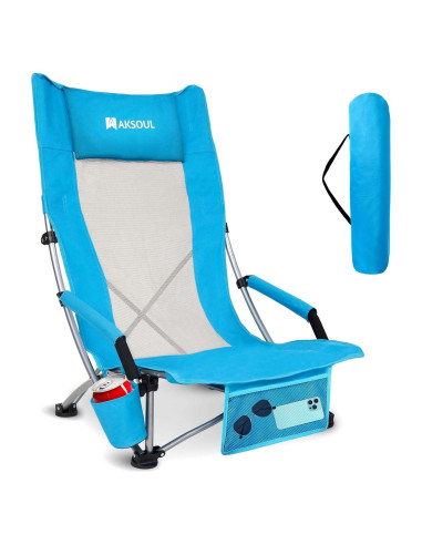 Silla de Playa Plegable AKSOUL Alta Respaldo Azul 136 kg