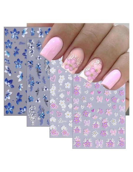 Calcomanías de Uñas YUEJIMEIGUI 4 Hojas Flores Azules 5D Calcomanías de Uñas YUEJIMEIGUI 4 Hojas Flores Azules 5D