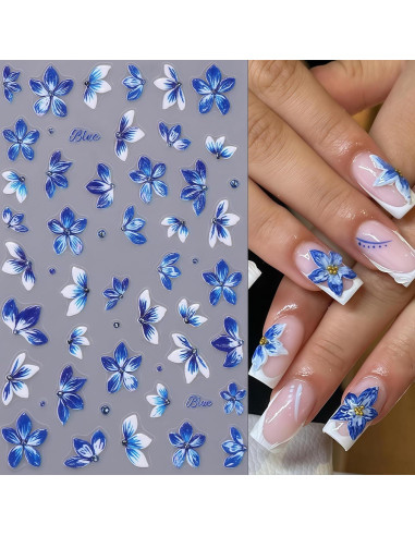 Calcomanías de Uñas YUEJIMEIGUI 4 Hojas Flores Azules 5D