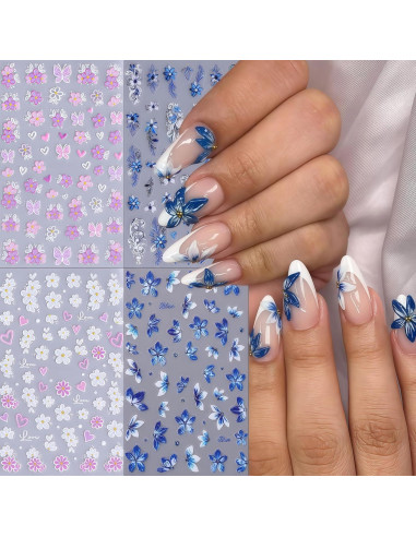 Calcomanías de Uñas YUEJIMEIGUI 4 Hojas Flores Azules 5D