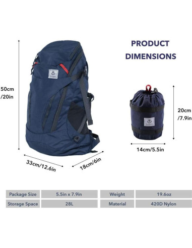 Mochila de Senderismo 4Monster Plegable 28L Azul Oscuro