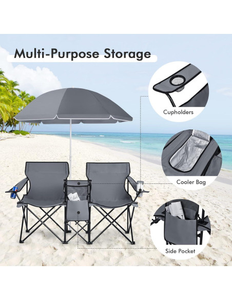Silla de Camping Doble KOTEK Plegable con Paraguas y Portavasos Silla de Camping Doble KOTEK Plegable con Paraguas y Portavasos