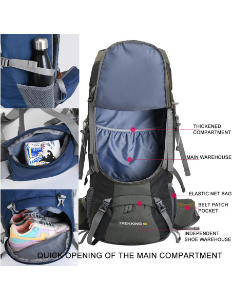 Mochila de Senderismo Bseash 60L Impermeable con Funda Lluvia Mochila de Senderismo Bseash 60L Impermeable con Funda Lluvia