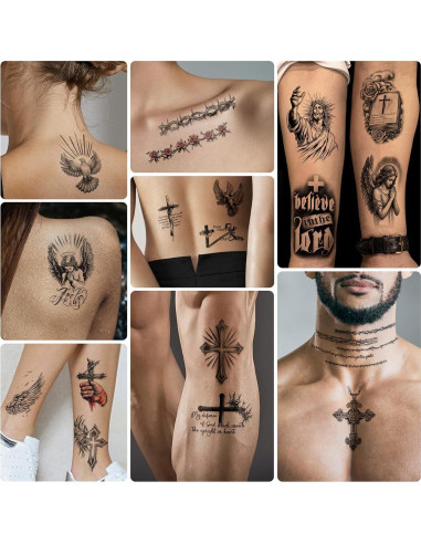 77 Hojas Tatuajes Temporales Cristianos Yazhiji - Cruz y Ángeles