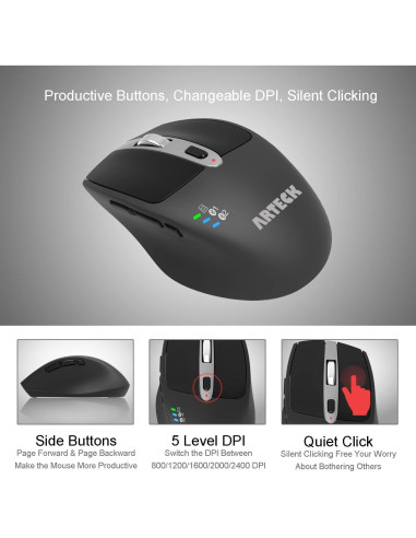 Mouse Inalambrico Bluetooth Arteck MD167, Negro, Ergonomico
