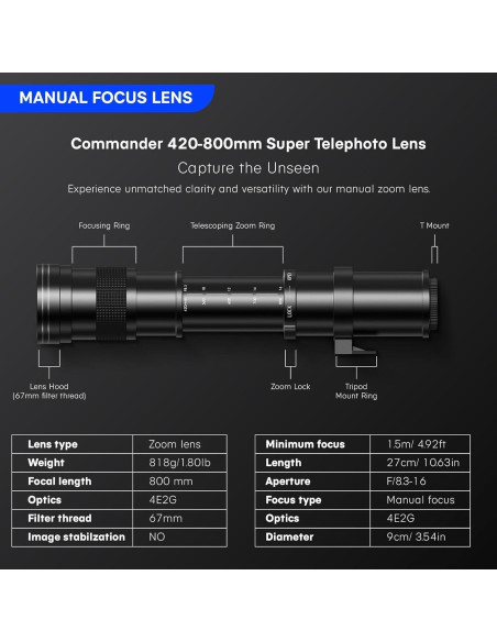 Lente Telefoto Zoom 420-800mm Commander para Canon EF-M Lente Telefoto Zoom 420-800mm Commander para Canon EF-M
