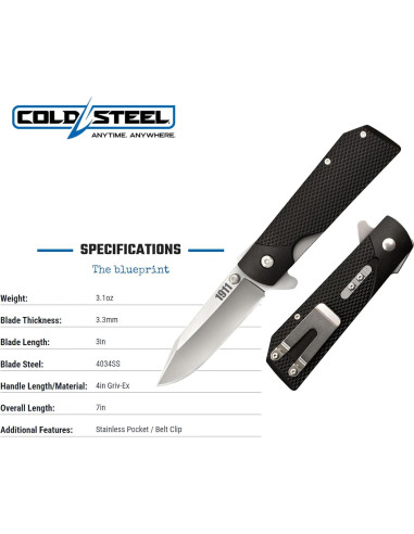 Cuchillo Plegable Cold Steel 1911 3" 4034SS Mango Griv-Ex