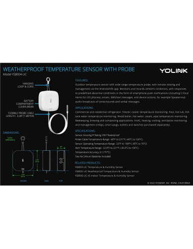 Sensor de Temperatura y Humedad a Prueba de Agua YoLink con Hub
