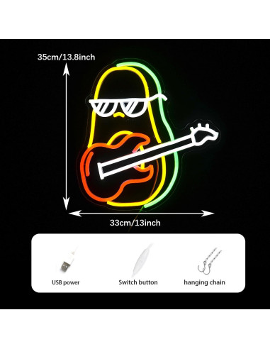 Letrero de Neón Guitarra Aguacate LED USB 35.1x33 cm