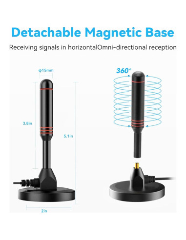 Antena de TV interior OXWIND 360 HD con base magnética 5.03m