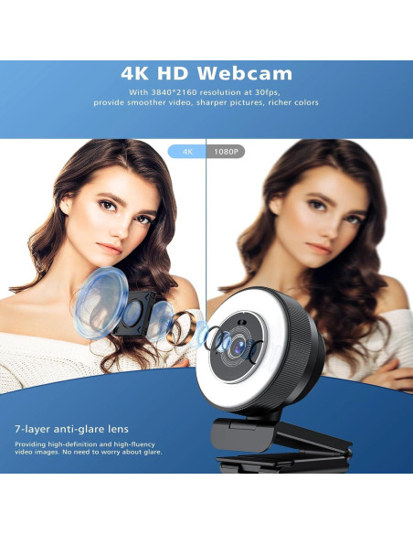 Cámara web 4K YOUPECK con luz anular y micrófono dual Cámara web 4K YOUPECK con luz anular y micrófono dual