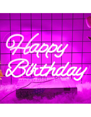 Letrero de Neón Feliz Cumpleaños Neonawall 40.6x22.9cm Rosa