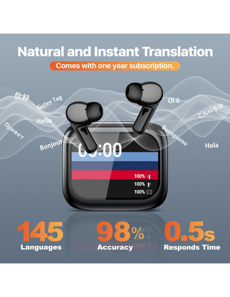 Auriculares Traductores AI TWS 3-en-1 Negro 147 Idiomas Auriculares Traductores AI TWS 3-en-1 Negro 147 Idiomas