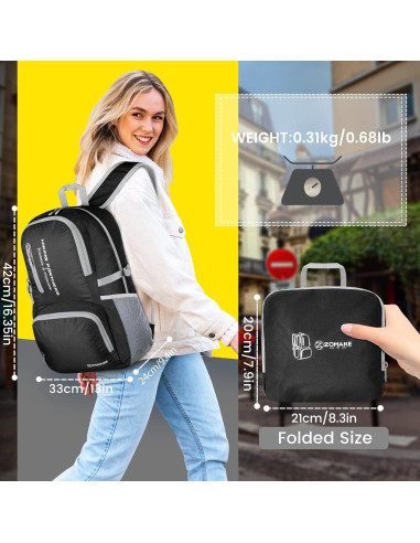 Mochila Plegable Ligera ZOMAKE 35L Resistente al Agua Negra
