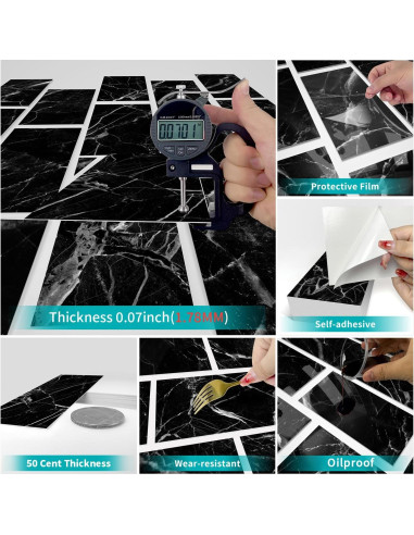 16 Azulejos Autoadhesivos de Mármol Negro 10.16x20.32 cm Adreamer90