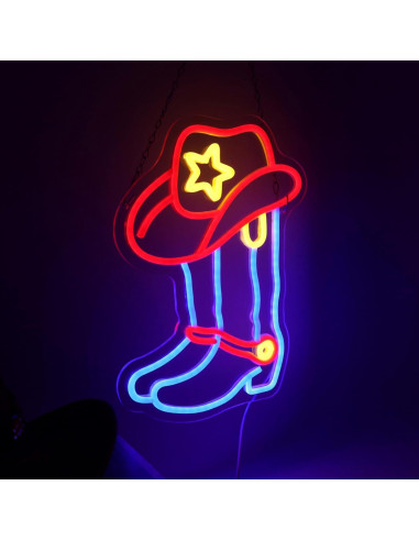 Cartel de Neón LED ASONGLIFE Botas y Sombrero Vaquero 25.4x33.4cm