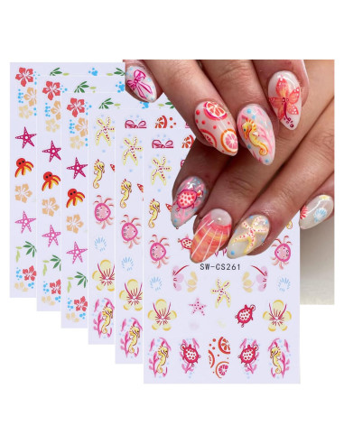 Calcomanías de Uñas 3D Autoadhesivas POWPOP Vida Marina 6PCS