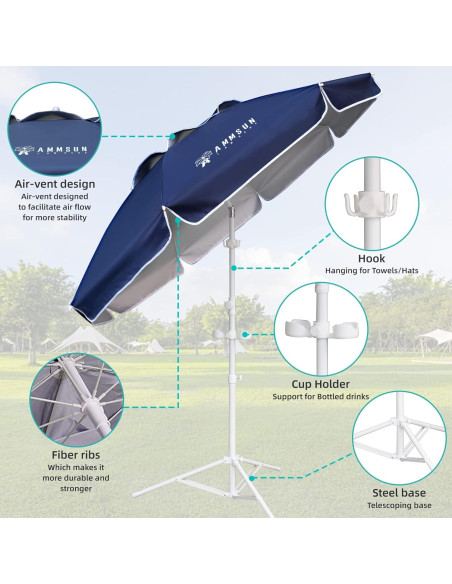 Sombrilla portátil AMMSUN 2m azul marino con soporte ajustable Sombrilla portátil AMMSUN 2m azul marino con soporte ajustable