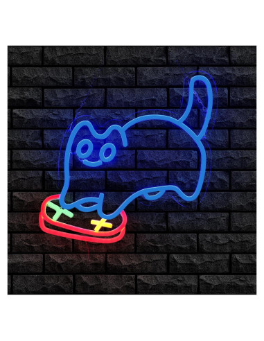 Cartel de Neón LED Gato Jugador Azul para Sala de Juegos