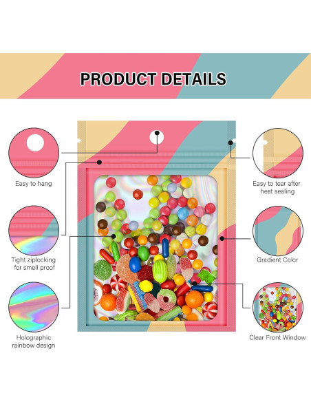 100 Bolsas Reutilizables Mylar Holográficas 8.89x11.94 cm 100 Bolsas Reutilizables Mylar Holográficas 8.89x11.94 cm