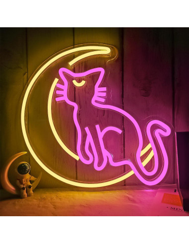 Cartel de Neón Gato Luna LED Vveikea Dimmable 29x29 cm