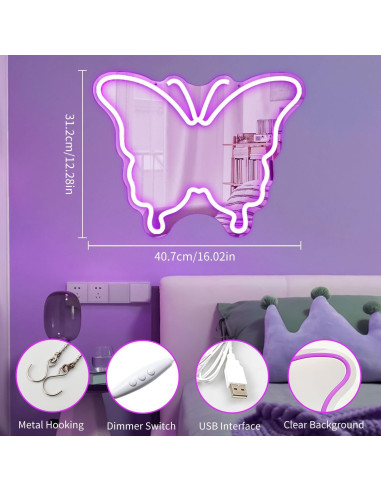 Espejo de Pared LED Mariposa Vveikea Dimmable 28.2x19.8cm