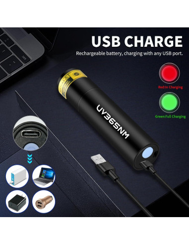 Linterna UV Recargable 365nm WMCODMW Mini Luz Negra