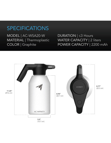 Pulverizador Eléctrico AC Infinity 2L Recargable USB Boquilla Ajustable Pulverizador Eléctrico AC Infinity 2L Recargable USB Boquilla Ajustable
