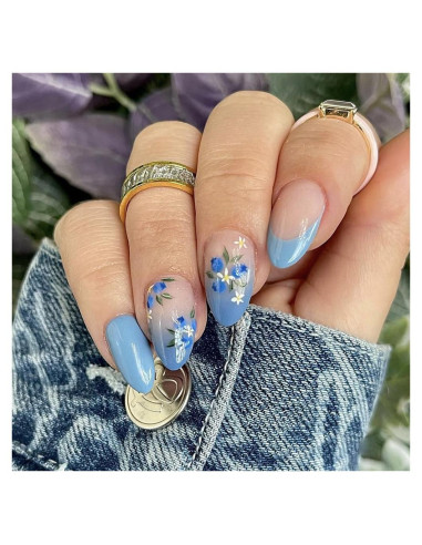 Kit de Uñas Postizas Adhesivas Hrnsnails Flores Azules 24Pcs
