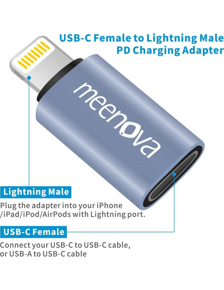 Adaptador USB-C a Lightning Meenova 30W para iPhone 14/13/12 Adaptador USB-C a Lightning Meenova 30W para iPhone 14/13/12
