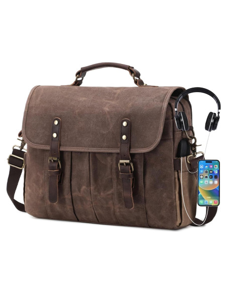 Bolsa Mensajera de Lona y Cuero Genuino para Laptop 15.6" Marrón Bolsa Mensajera de Lona y Cuero Genuino para Laptop 15.6" Marrón