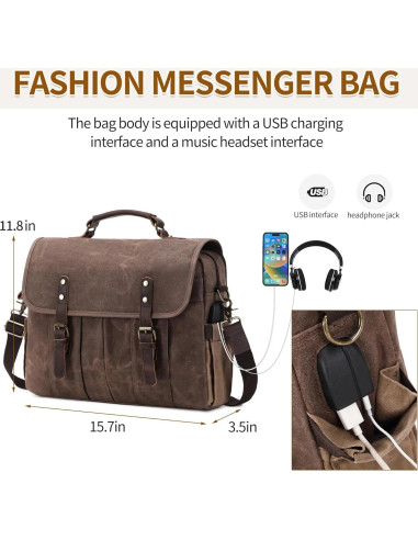Bolsa Mensajera de Lona y Cuero Genuino para Laptop 15.6" Marrón