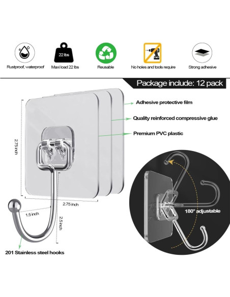 Ganchos Adhesivos Grandes ZESLMG 12 Pcs Alta Resistencia 15.88 kg Ganchos Adhesivos Grandes ZESLMG 12 Pcs Alta Resistencia 15.88 kg