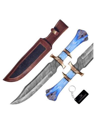 Cuchillo Bowie HUNTFORGE 40.64 cm Acero Damasco Mango Hueso