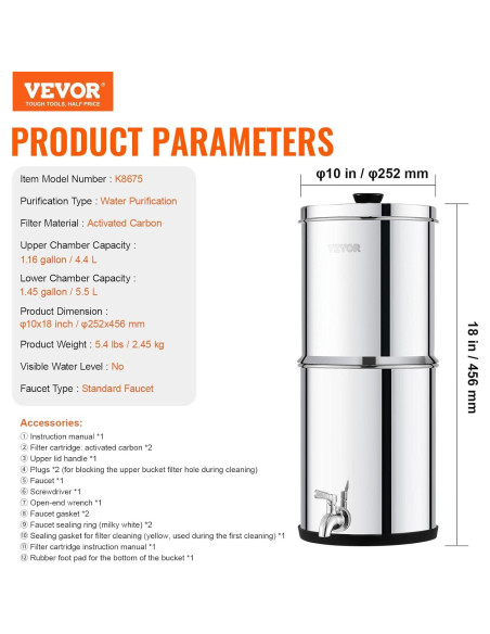 Filtro de Agua por Gravedad VEVOR 5.68L Acero Inoxidable 304 Filtro de Agua por Gravedad VEVOR 5.68L Acero Inoxidable 304