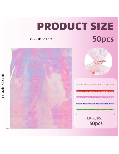 50 Bolsas Holográficas 20x28 cm con Lazos Coloridos para Regalos