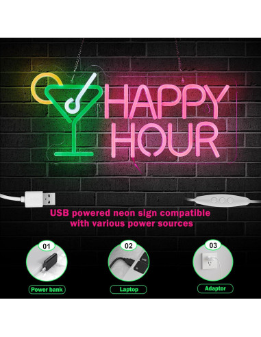 Cartel de Neón LED Hora Feliz Roouneon 43x21 cm Verde/Rosa