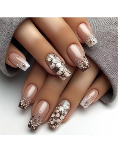 Uñas Postizas KSTBJN Primavera Francesas con Flores 24 Piezas